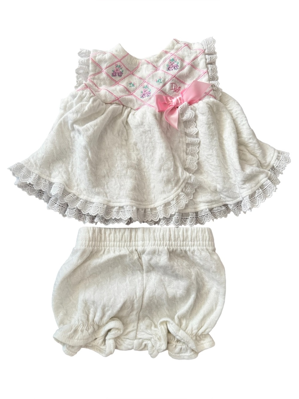 Baby Dior White Baby Dress Set with Pink Bow and Embroidered Accents